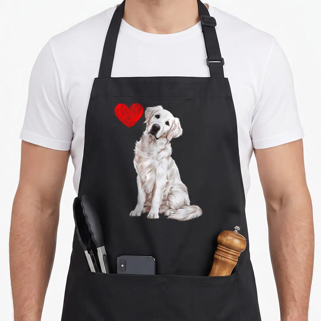 Cream english aprons - Realistic white dog sitting next to a red scribbled heart on grey background — shown on a black cotton canvas apron against a white background