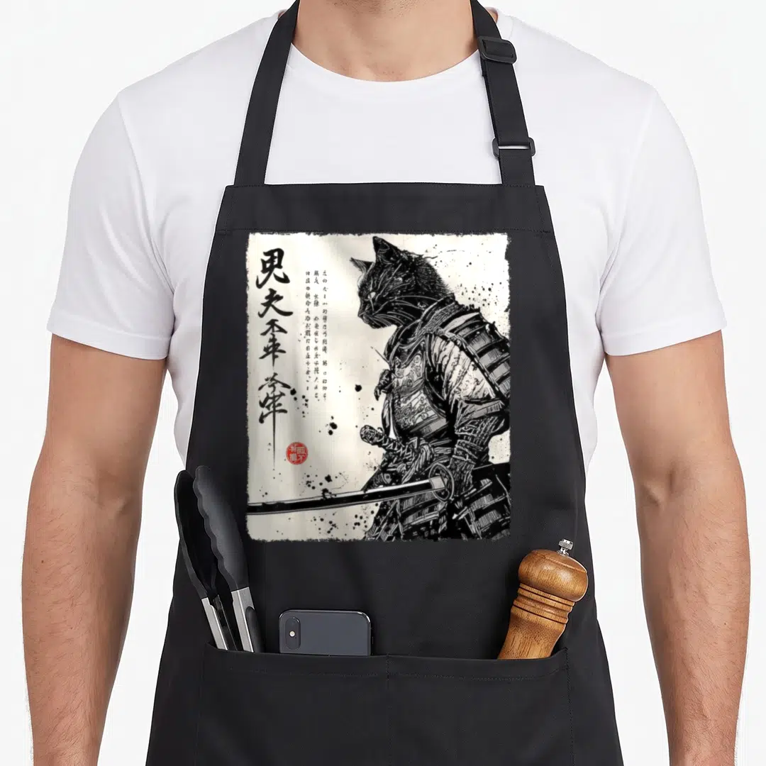 Samurai japanese anime cat apron - Black cat samurai in armor with vertical calligraphy and red seal on left — shown on a black cotton canvas apron against a white background