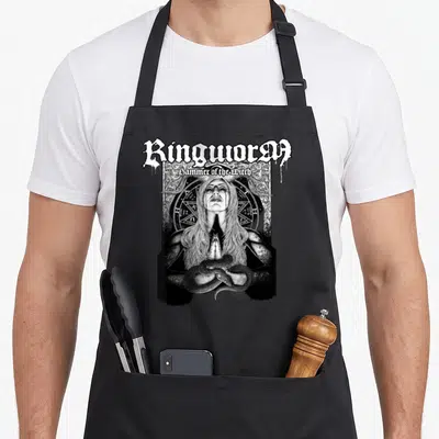 Ringworm witch apron - Ringuora Hammer of the Witch woman horns snake coiled wrists occult circle — shown on a black cotton canvas apron against a white background