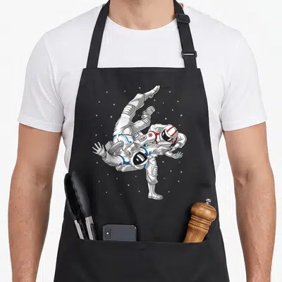 Astronaut brazilian jiu jitsu apron - Two cartoon astronauts grappling in space suits with red and blue details among — shown on a black cotton canvas apron against a white background