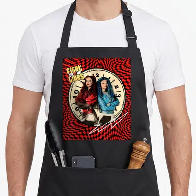 Our novelty apron - Two women standing before a clock with Fight of Our Lives text and lightning bolt — shown on a black cotton canvas apron against a white background
