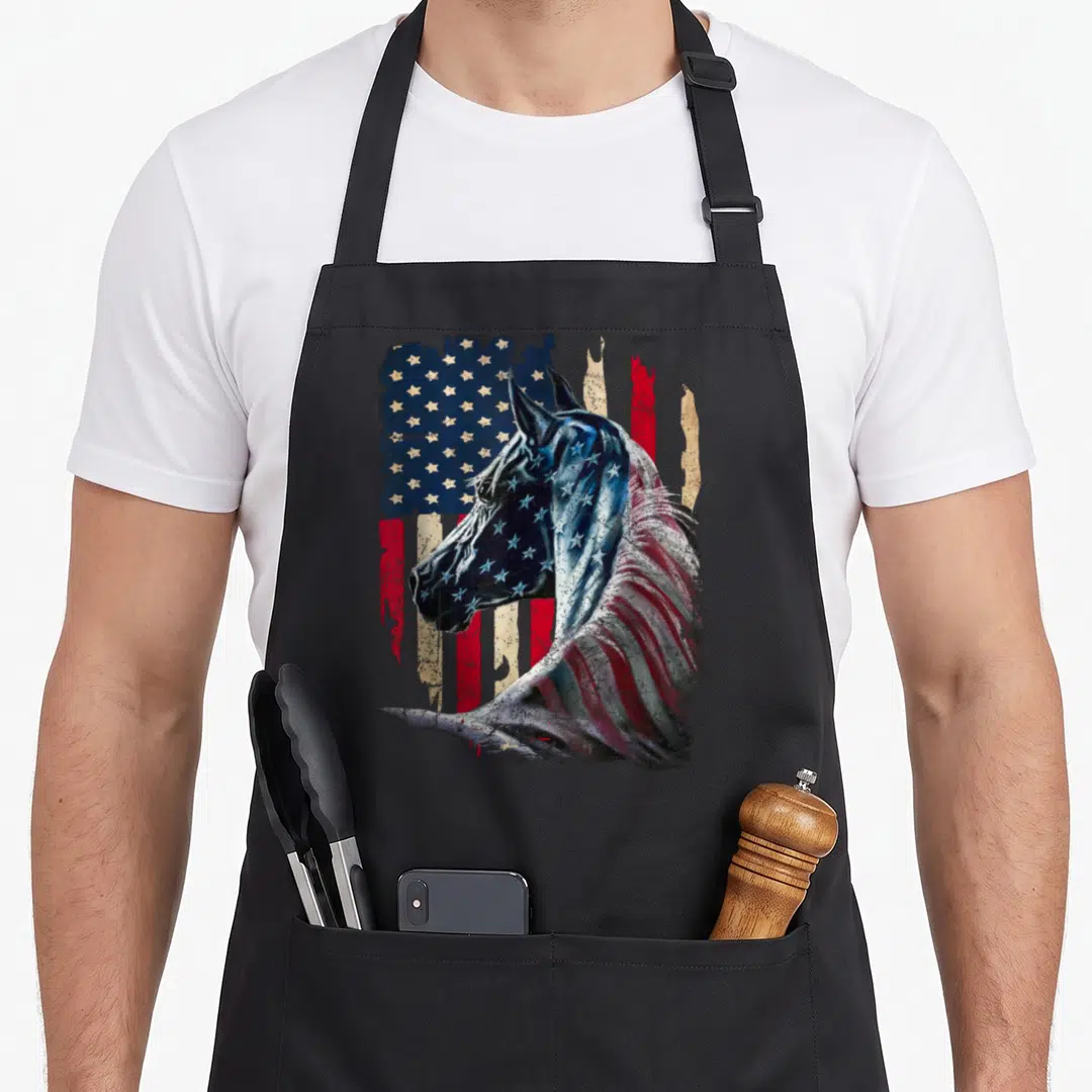 Horse patriotic aprons - Distressed horse head profile filled with red white and blue stars and stripes flag pattern — shown on a black cotton canvas apron against a white background