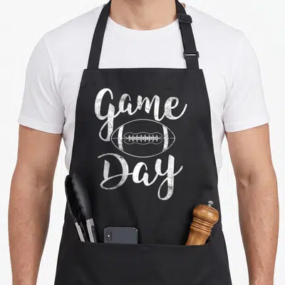 Funny game football apron - Distressed white Game Day text framing a line-art football illustration — shown on a black cotton canvas apron against a white background