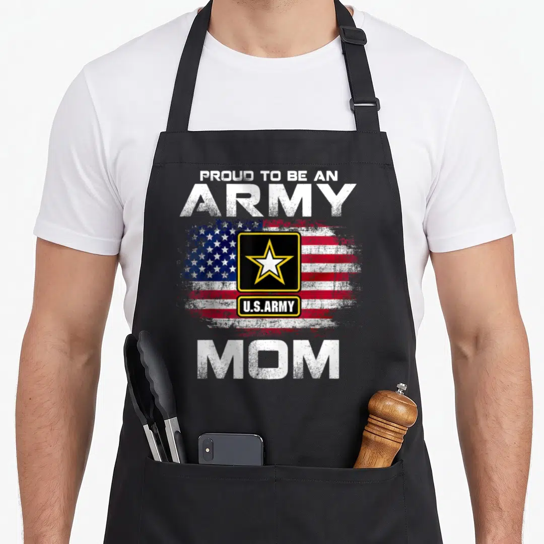 Proud army veteran american flag apron - Distressed US flag with Army star logo and text Proud to Be an Army Mom — shown on a black cotton canvas apron against a white background