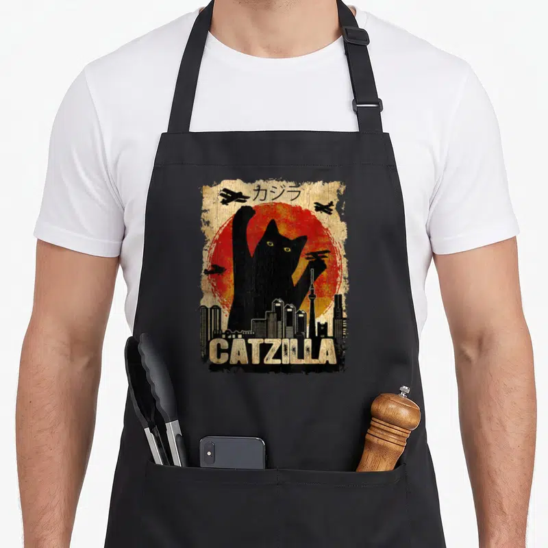 Catzilla kitten apron - Giant black cat silhouette against red sun with CATZILLA text and skyline — shown on a black cotton canvas apron against a white background
