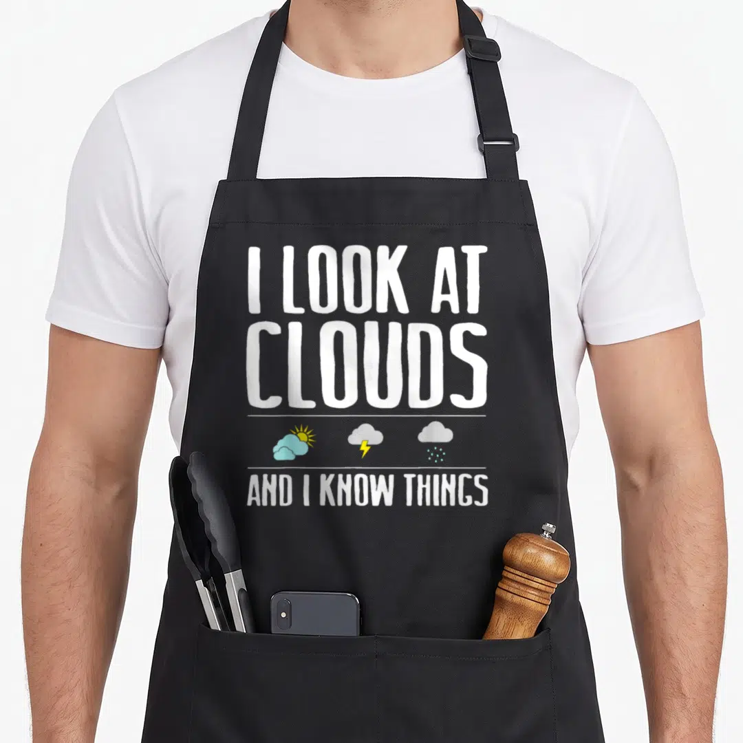 Weather meteorologist apron - I LOOK AT CLOUDS text with sun lightning rain icons between white lines — shown on a black cotton canvas apron against a white background