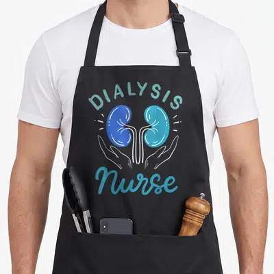 Funny dialysis nurse apron - Two blue kidneys held by cupped hands with DIALYSIS and Nurse text in cartoon style — shown on a black cotton canvas apron against a white background