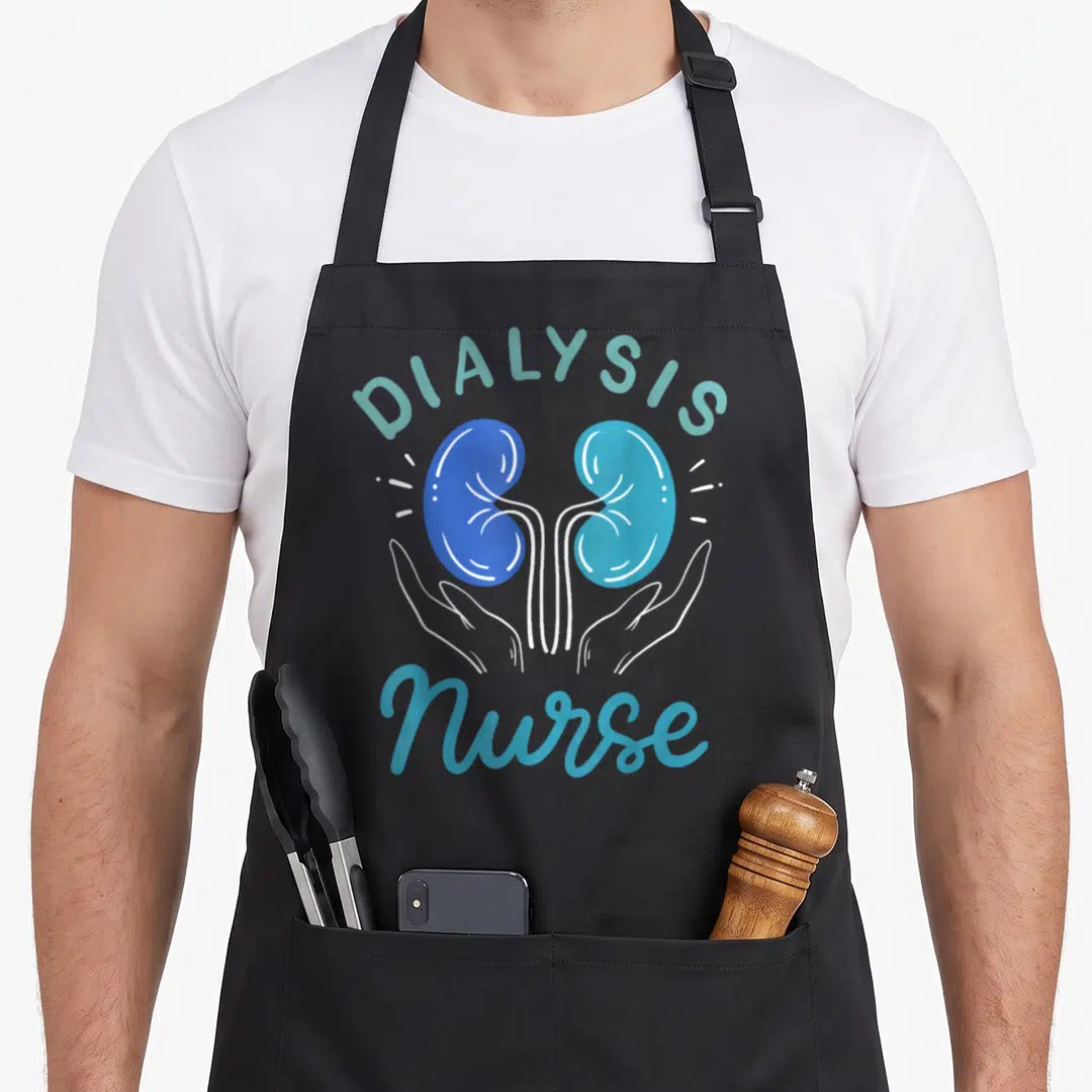 Funny dialysis nurse apron - Two blue kidneys held by cupped hands with DIALYSIS and Nurse text in cartoon style — shown on a black cotton canvas apron against a white background