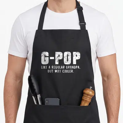 Way grandpa apron - White distressed typography reading G-Pop Like A Regular Grandpa But Way Cooler on black fabric — shown on a black cotton canvas apron against a white background