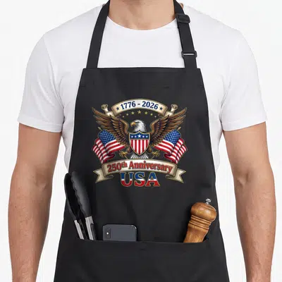 250th anniversary 4th of july apron - Bald eagle holding shield with two flags and ribbons dated 1776-2026 USA — shown on a black cotton canvas apron against a white background