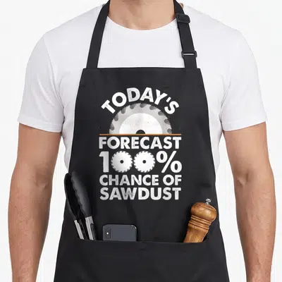 Woodworker carpentry apron - White distressed text Today's Forecast 100% Chance of Sawdust with circular saw blade — shown on a black cotton canvas apron against a white background