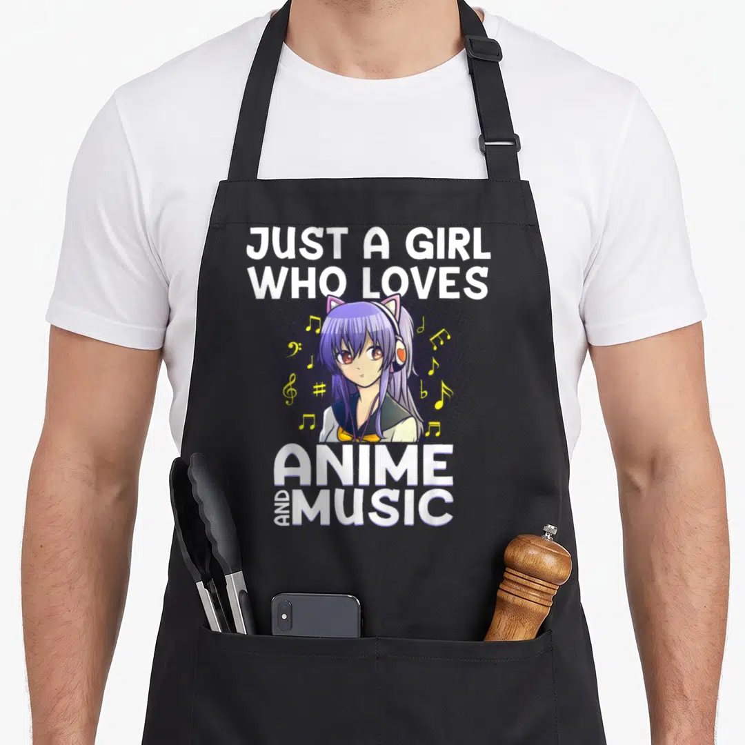 Funny music anime apron - Anime girl with purple hair, headphones, and cat ears surrounded by yellow notes and white — shown on a black cotton canvas apron against a white background