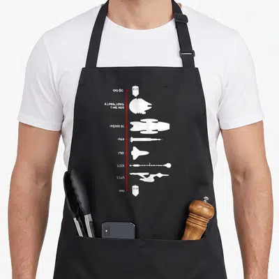 Spaceship science apron - Red vertical line with white spaceship silhouettes and dates like 1967 and 2001 — shown on a black cotton canvas apron against a white background
