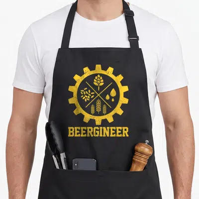 Beergineer beer brewing apron - Yellow gear with four ingredients and distressed BEERGINEER text — shown on a black cotton canvas apron against a white background