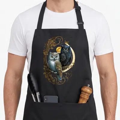 Bird owl apron - Two realistic owls on a branch in front of a moon inside a vine frame — shown on a black cotton canvas apron against a white background