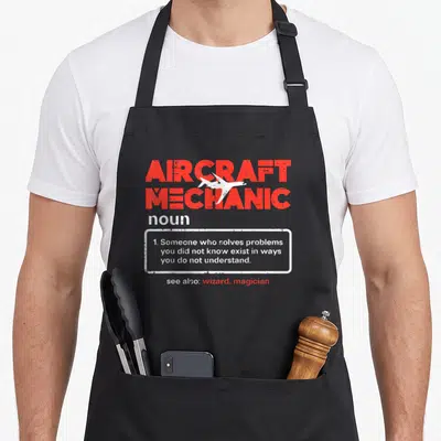 Definition aircraft apron - Red Aircraft Mechanic definition text with white plane silhouette and wizard reference — shown on a black cotton canvas apron against a white background