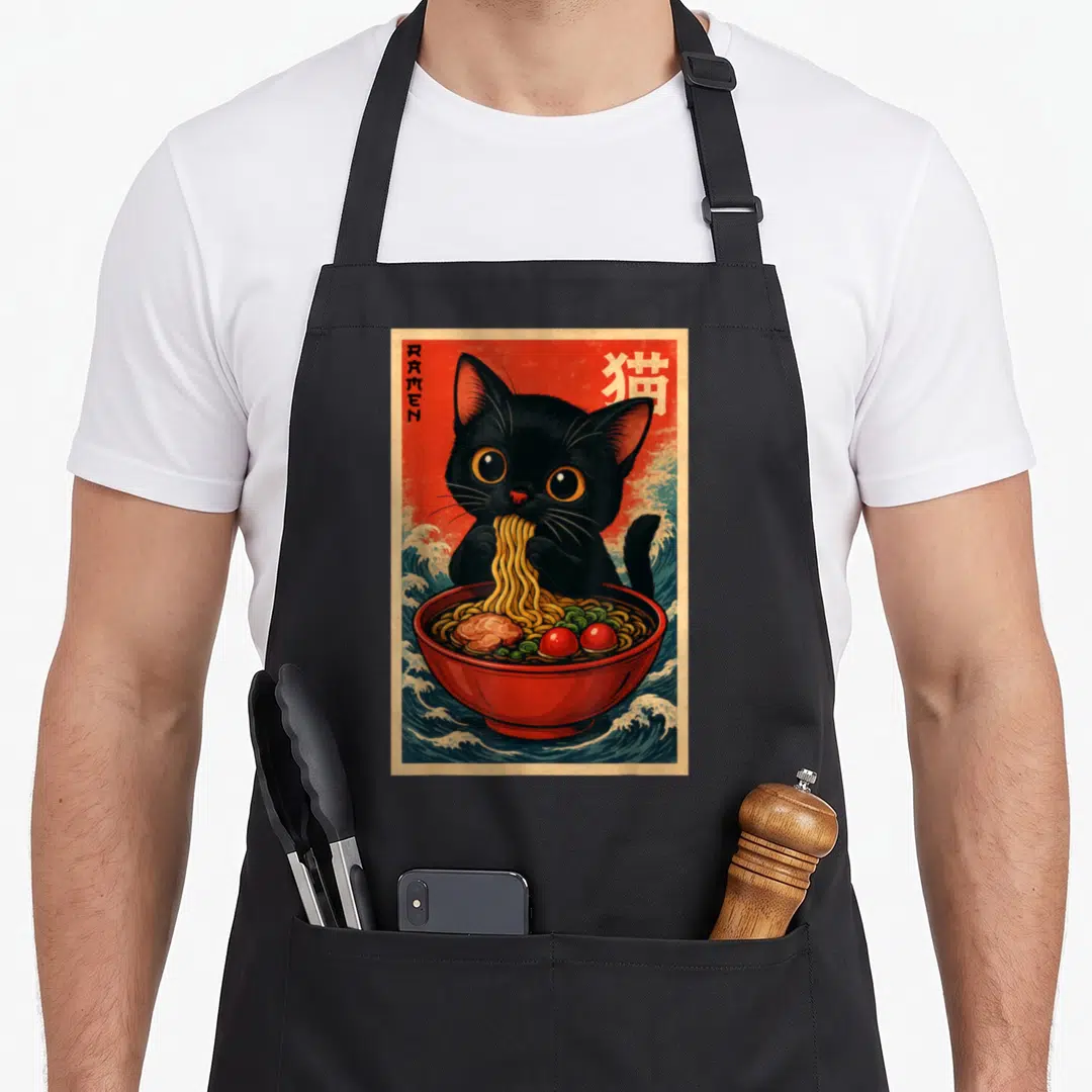Anime cat kawaii aprons - Black cat eating yellow noodles from a red bowl with RAMEN text and blue waves — shown on a black cotton canvas apron against a white background