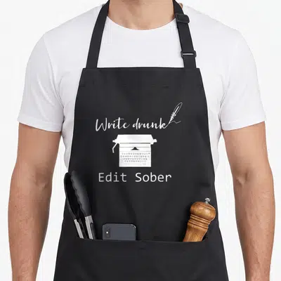 Writer edit apron - White typewriter and quill with Write Drunk Edit Sober text on black fabric — shown on a black cotton canvas apron against a white background