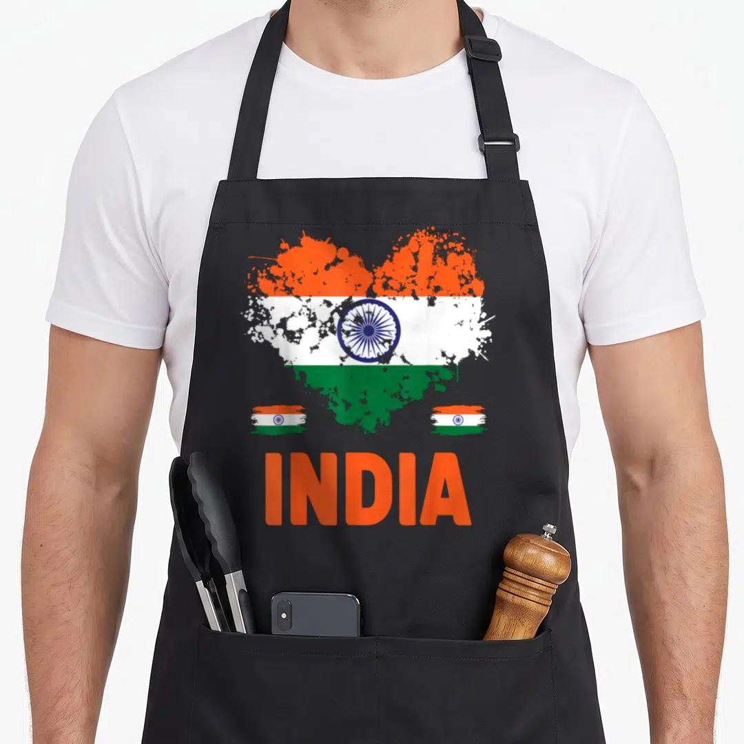 India chef outfit with apron - Distressed heart shaped India flag with two small rectangular flags and orange text below — shown on a black cotton canvas apron against a white background