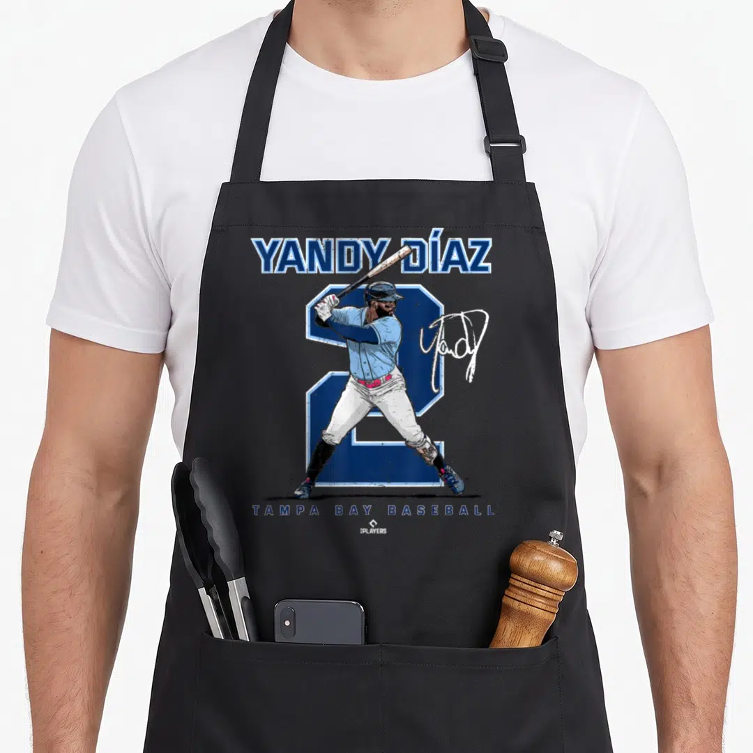 Number tampa apron - Yandy Diaz batter graphic over number 2 with Tampa Bay text — shown on a black cotton canvas apron against a white background