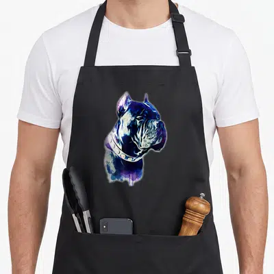 Watercolor cane apron - Blue purple and white watercolor dog head portrait with collar — shown on a black cotton canvas apron against a white background