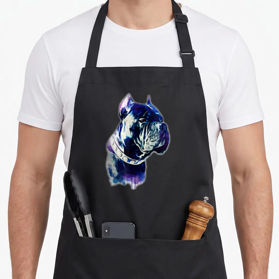 Watercolor cane apron - Blue purple and white watercolor dog head portrait with collar — shown on a black cotton canvas apron against a white background