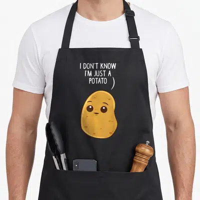 Potatoe potato apron - Cartoon potato with face below three-line white text reading I DON'T KNOW, I'M JUST A POTATO — shown on a black cotton canvas apron against a white background