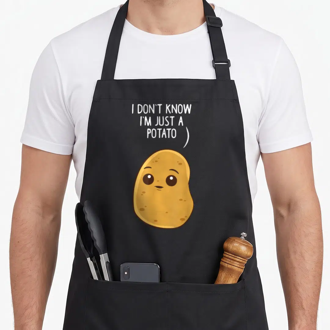 Potatoe potato apron - Cartoon potato with face below three-line white text reading I DON'T KNOW, I'M JUST A POTATO — shown on a black cotton canvas apron against a white background