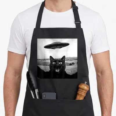 Selfie ufo funny cat apron - Black cat wide-eyed selfie pose under UFO hovering above rural fields in grayscale photo — shown on a black cotton canvas apron against a white background
