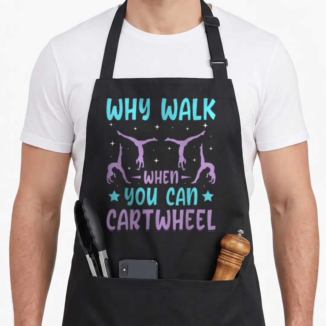 Gymnastic parkour apron - Stacked blue and purple text reading Why Walk When You Can Cartwheel with four purple gymnast — shown on a black cotton canvas apron against a white background