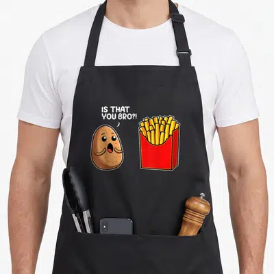 Bro french apron - Cartoon brown potato with mustache next to red fry container with white speech bubble text — shown on a black cotton canvas apron against a white background