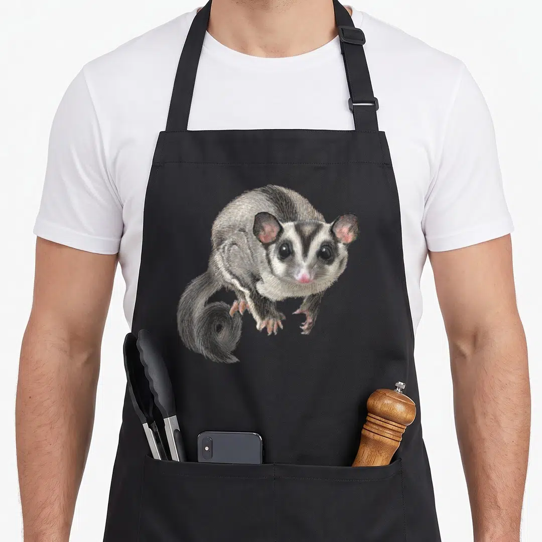 Funny glider sugar apron - Realistic grey white and pink sugar glider illustration on black background — shown on a black cotton canvas apron against a white background
