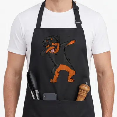 Rott dog apron - Cartoon Rottweiler dog dabbing pose in black and tan colors standing on two legs — shown on a black cotton canvas apron against a white background