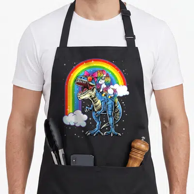 Unicorn riding rex dinosaur apron - blue T-Rex with pink bow and sunglasses carries white unicorn with rainbow mane — shown on a black cotton canvas apron against a white background