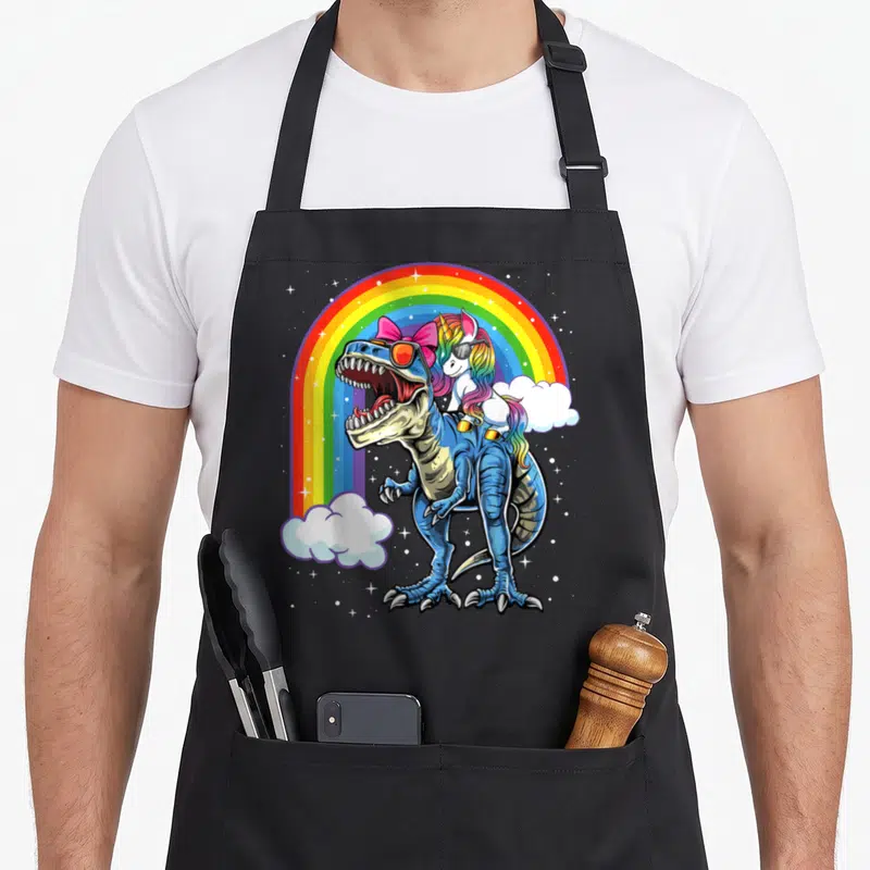Unicorn riding rex dinosaur apron - blue T-Rex with pink bow and sunglasses carries white unicorn with rainbow mane — shown on a black cotton canvas apron against a white background
