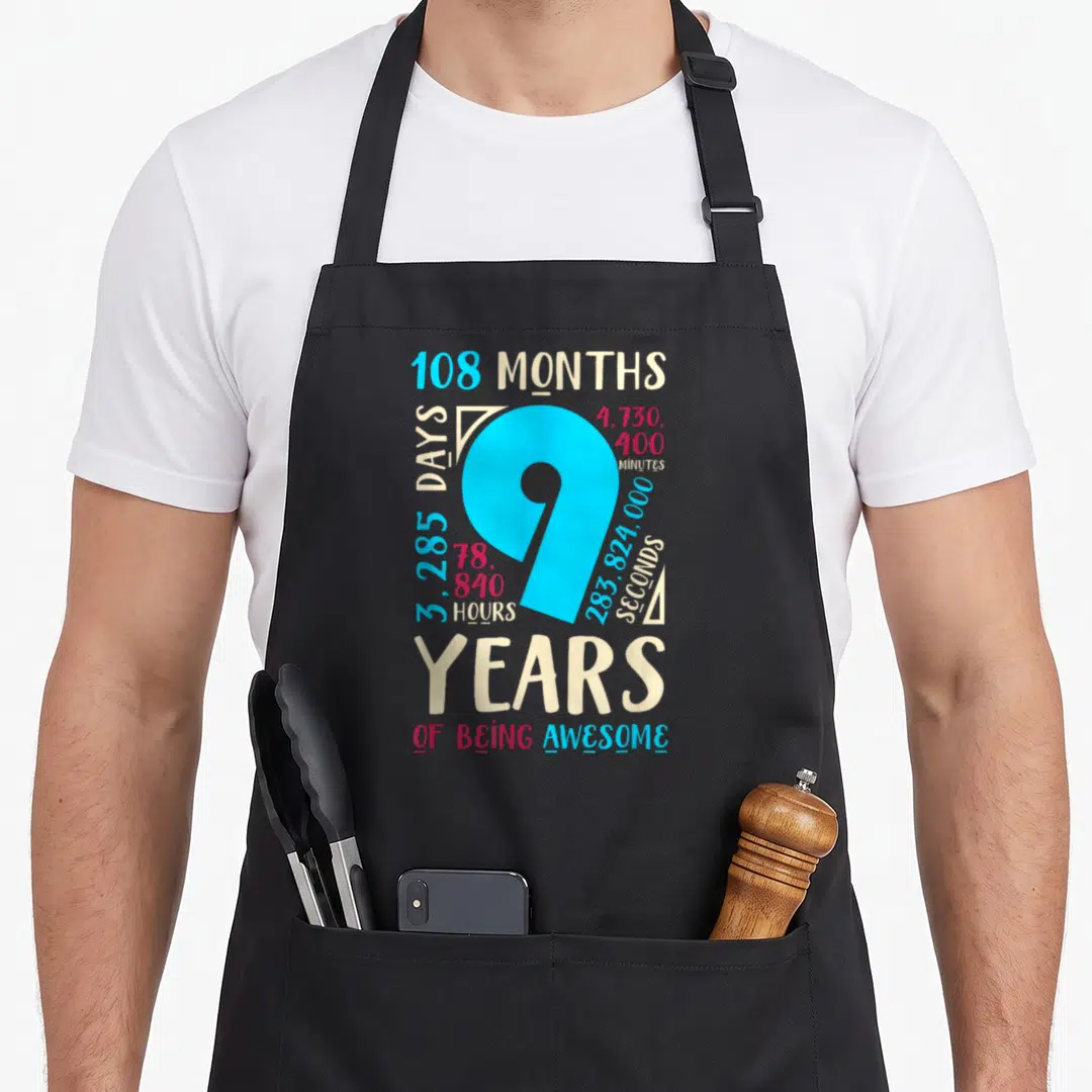 9th mom daughter aprons - Blue number 9 with red beige time stats and years of being awesome text — shown on a black cotton canvas apron against a white background