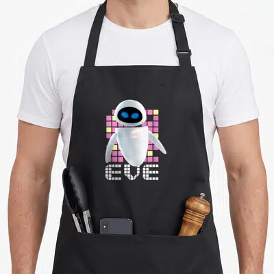 Wall geometric e.a apron - White robot EVE on pink and yellow grid with pixelated text label below — shown on a black cotton canvas apron against a white background