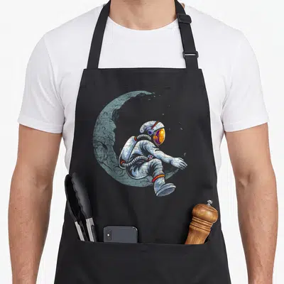 Space cosmonaut apron - Astronaut sitting on a blue distressed crescent moon with orange helmet visor accents — shown on a black cotton canvas apron against a white background