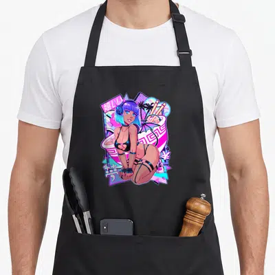 Demon anime apron - Cartoon woman with blue hair headphones bat wings palm trees pink blue purple black Japanese text — shown on a black cotton canvas apron against a white background