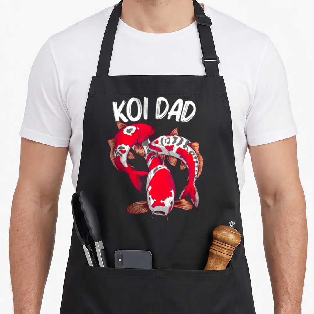 Koi fish japan apron - KOI DAD text above three red white grey koi fish swimming in a circle — shown on a black cotton canvas apron against a white background