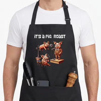 Pig joke apron - Cartoon pig in suit at mic with another pig on spit under text iT'S a PIG ROAST — shown on a black cotton canvas apron against a white background