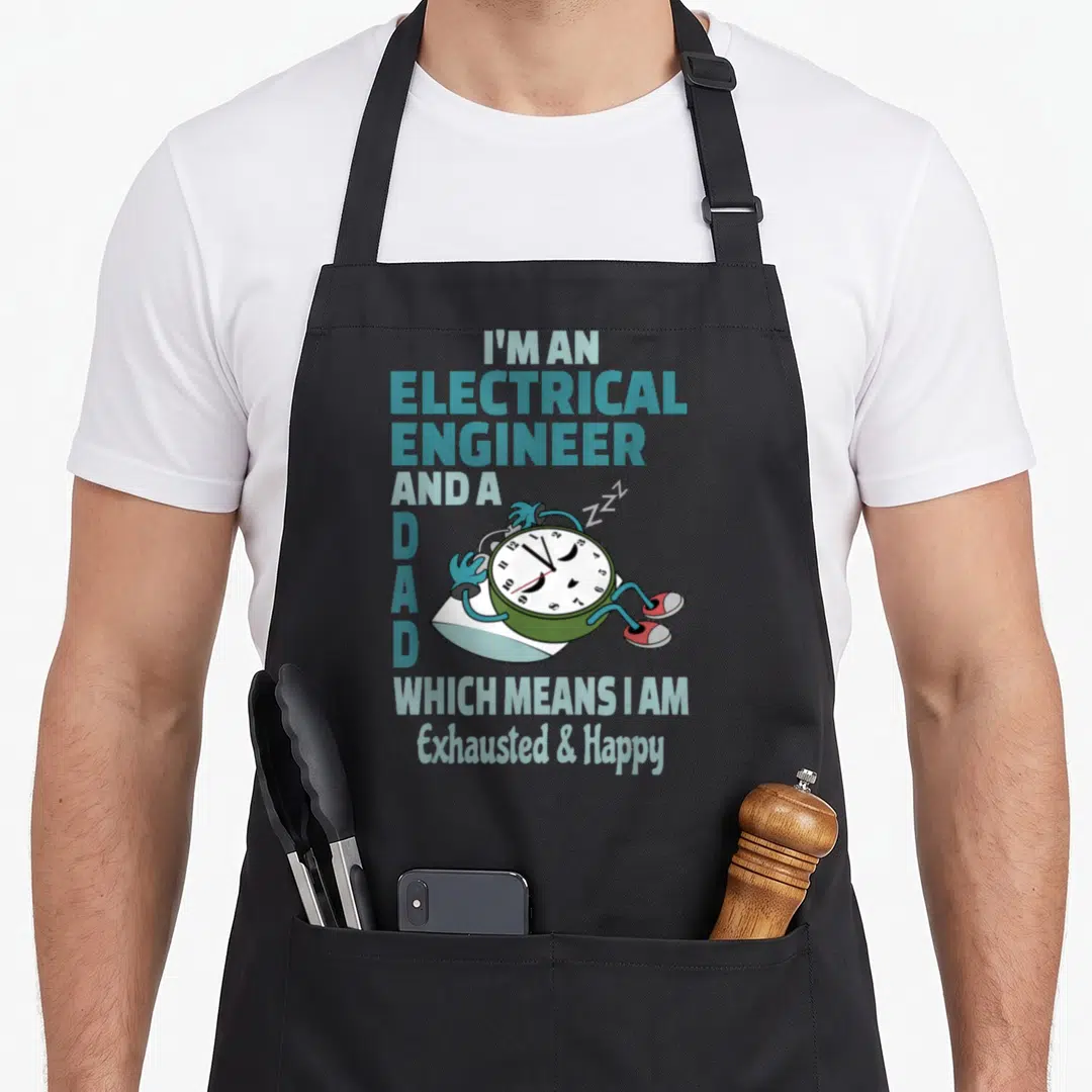 Electrical busy apron - Sleeping alarm clock with shoes on feet and text about being an exhausted electrical engineer — shown on a black cotton canvas apron against a white background