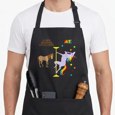 Officiant wedding apron - Purple unicorn pole dancing on yellow stand next to brown horse with text OTHER WEDDING — shown on a black cotton canvas apron against a white background