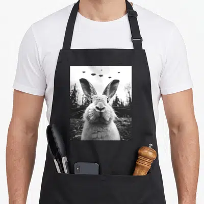 Alien rabbit apron - Black and white photo of rabbit face with UFOs over forest trees — shown on a black cotton canvas apron against a white background