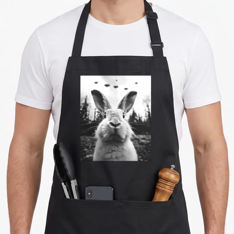 Alien rabbit apron - Black and white photo of rabbit face with UFOs over forest trees — shown on a black cotton canvas apron against a white background