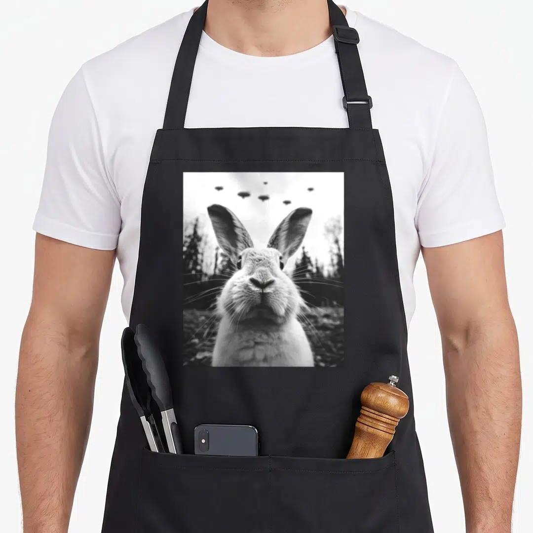 Alien rabbit apron - Black and white photo of rabbit face with UFOs over forest trees — shown on a black cotton canvas apron against a white background