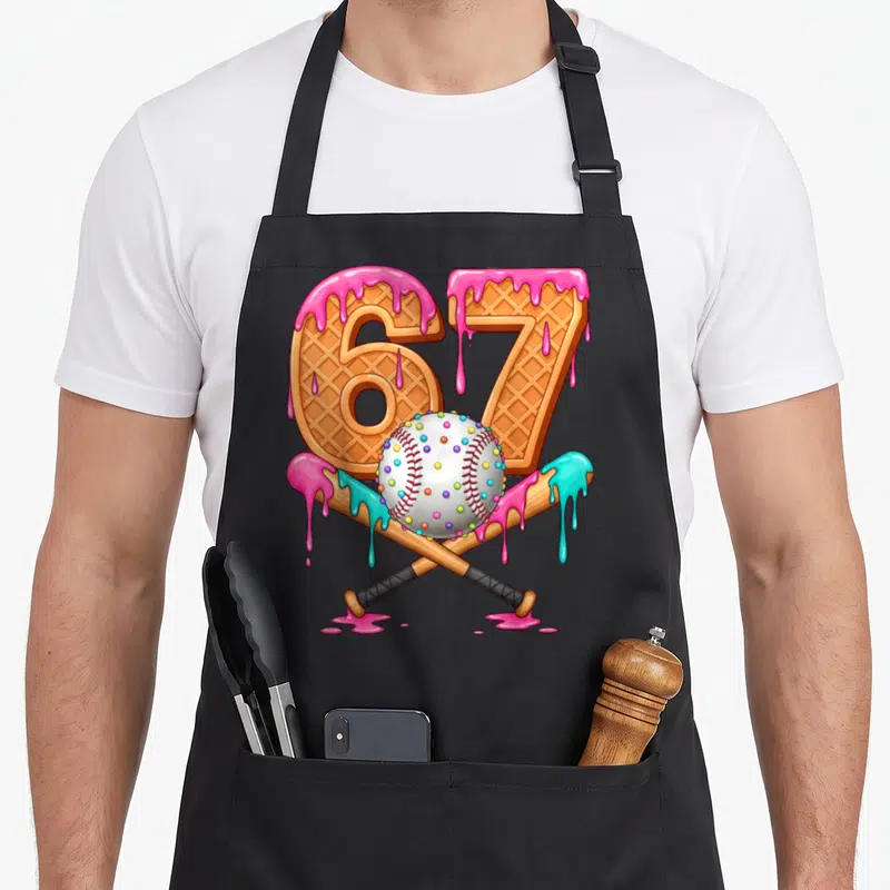 Player ice cream apron - Number 67 waffle texture with pink and cyan glaze over crossed bats and sprinkled baseball — shown on a black cotton canvas apron against a white background
