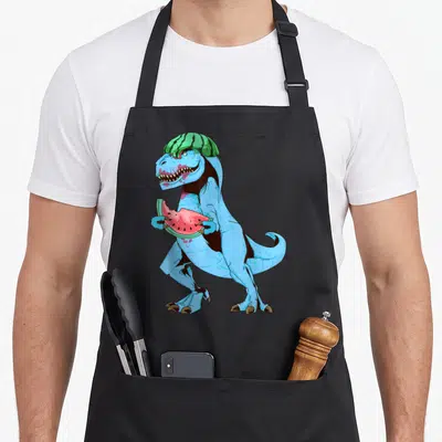 Dinosaur watermelon apron - Blue T-Rex standing wearing watermelon hat holding red slice with stains — shown on a black cotton canvas apron against a white background