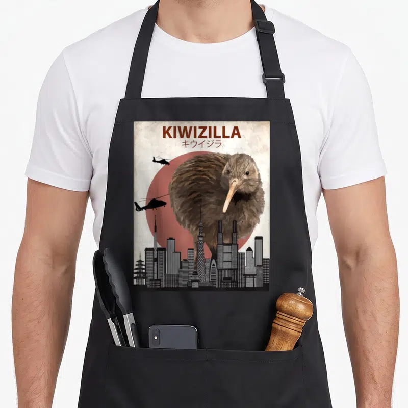Kiwizilla new zealand apron - Giant brown kiwi bird over city skyline with helicopters and KIWIZILLA text — shown on a black cotton canvas apron against a white background