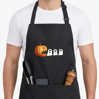 Ghost jack halloween apron - Orange pumpkin facing three white cartoon ghosts in a line — shown on a black cotton canvas apron against a white background